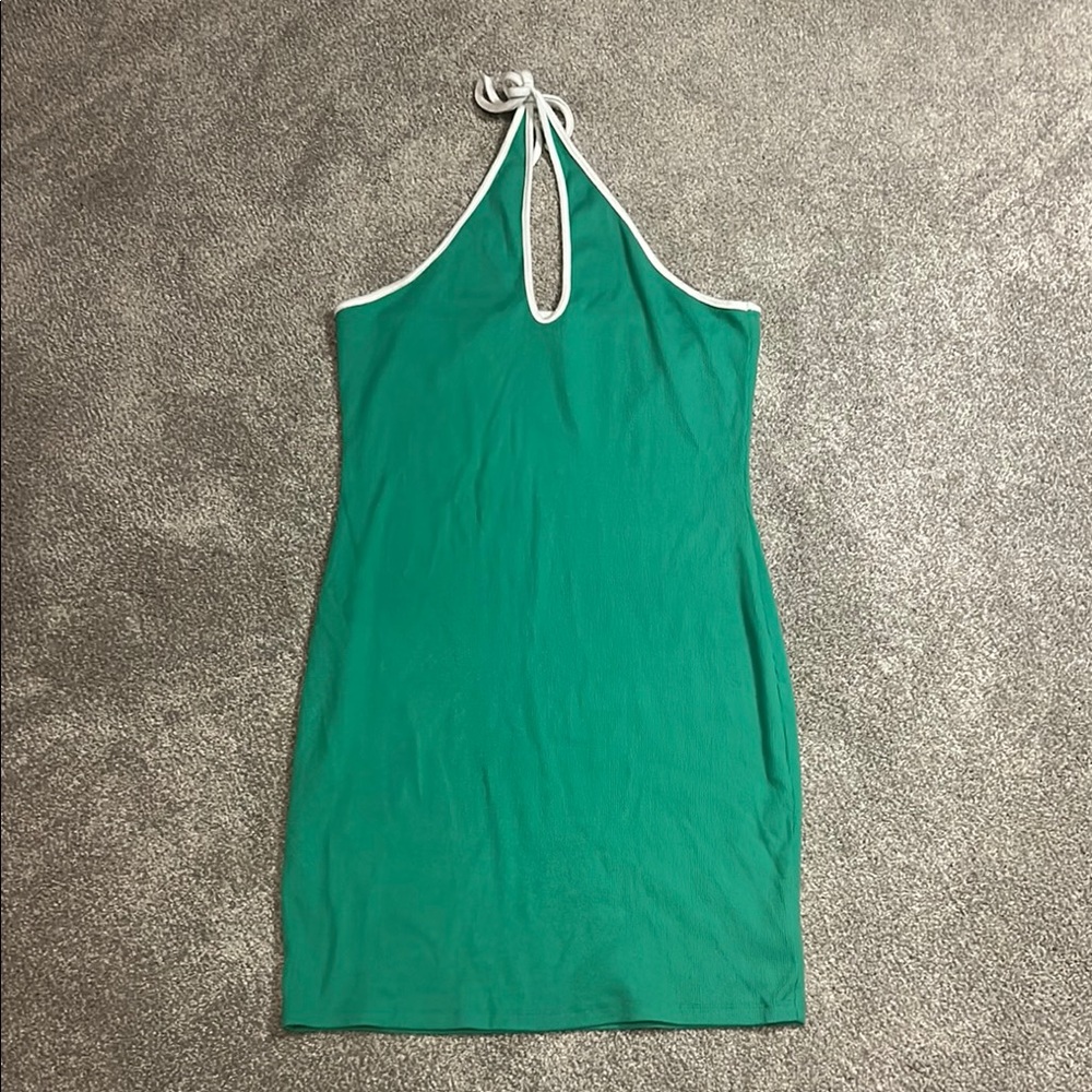 Green Halter Neck Dress with White Trim
